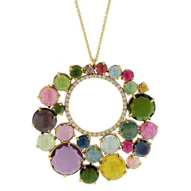 Marika Multicolored Tourmaline & Diamond Cluster Circle Pendant in Yellow Gold, 17.5"