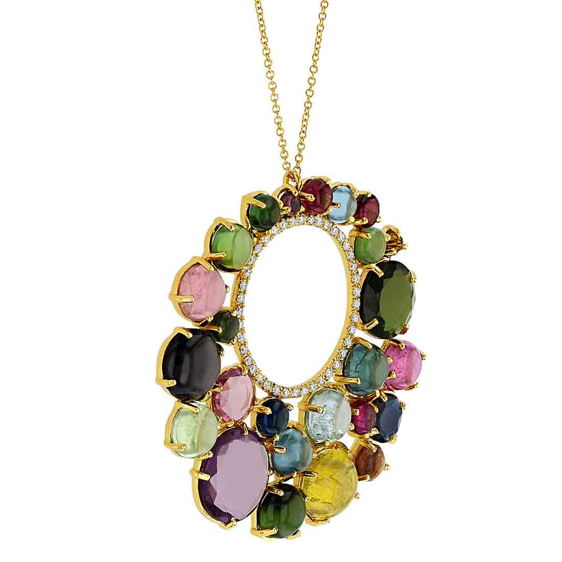 Marika Multicolored Tourmaline & Diamond Cluster Circle Pendant in Yellow Gold, 17.5