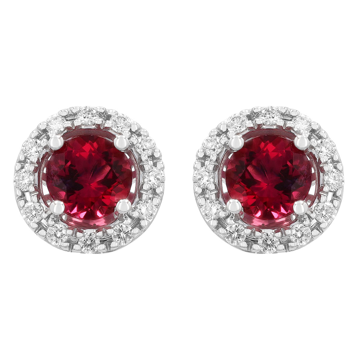 Round Pink Tourmaline & Diamond Halo Stud Earrings in White Gold