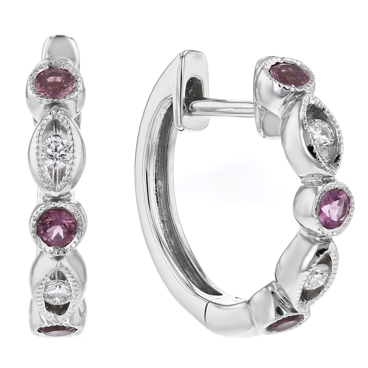 14K White Gold Tourmaline & Diamond Round & Navette Bezel Set Station Hoop Earrings