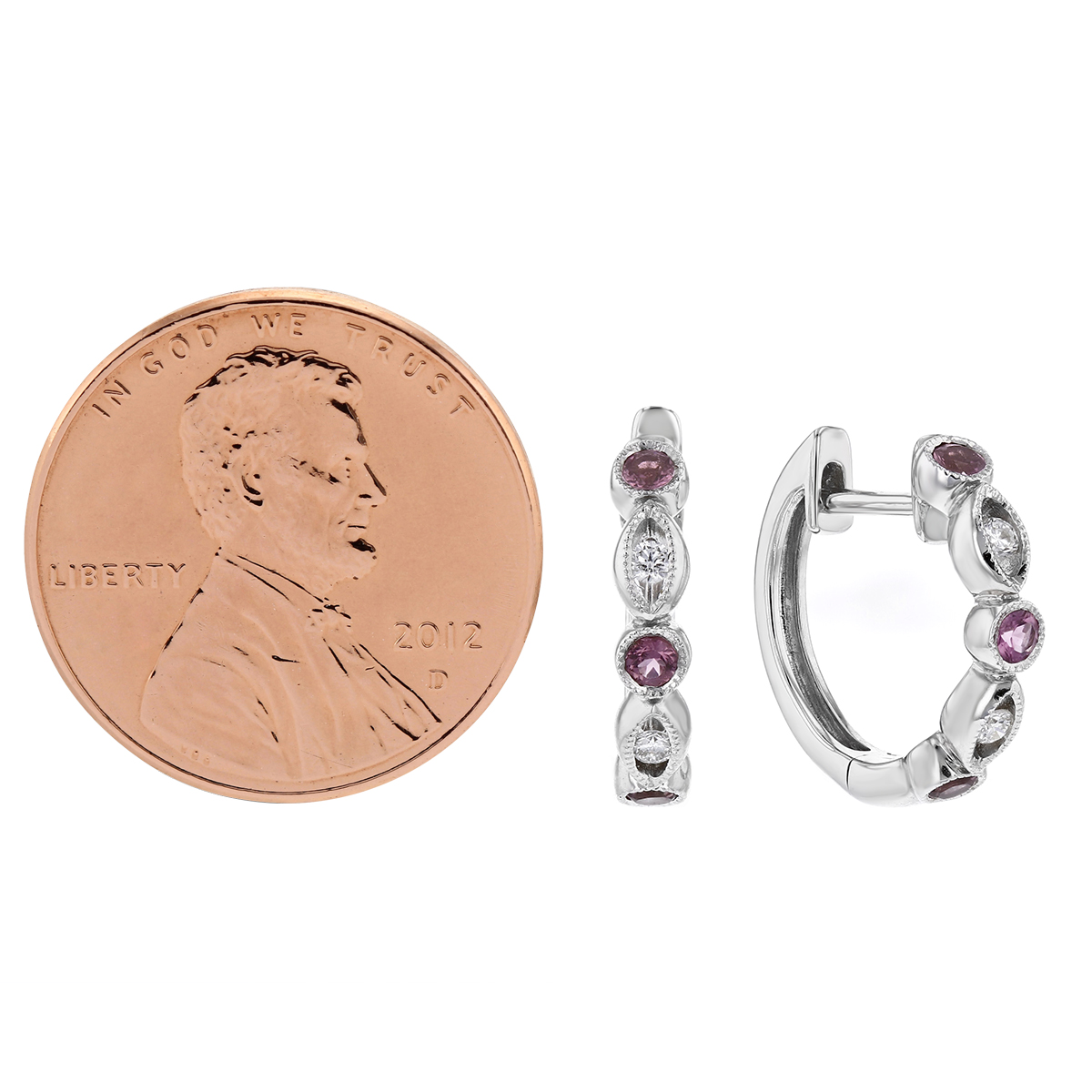 14K White Gold Tourmaline & Diamond Round & Navette Bezel Set Station Hoop Earrings