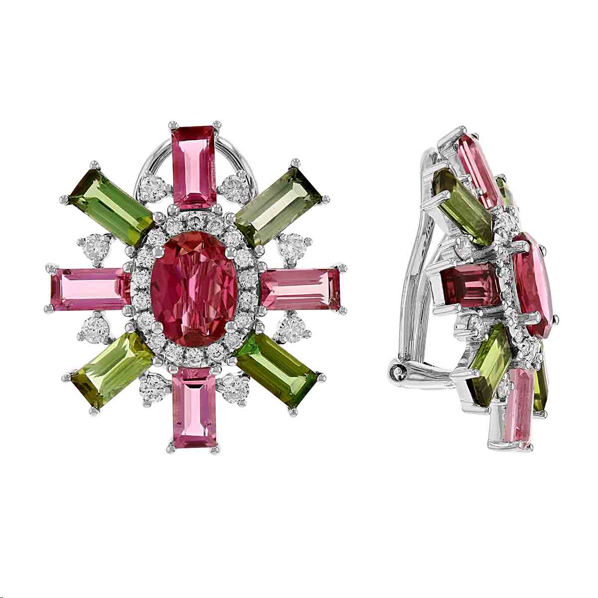 Pink & Green Tourmaline & Diamond Sunburst Post Earrings