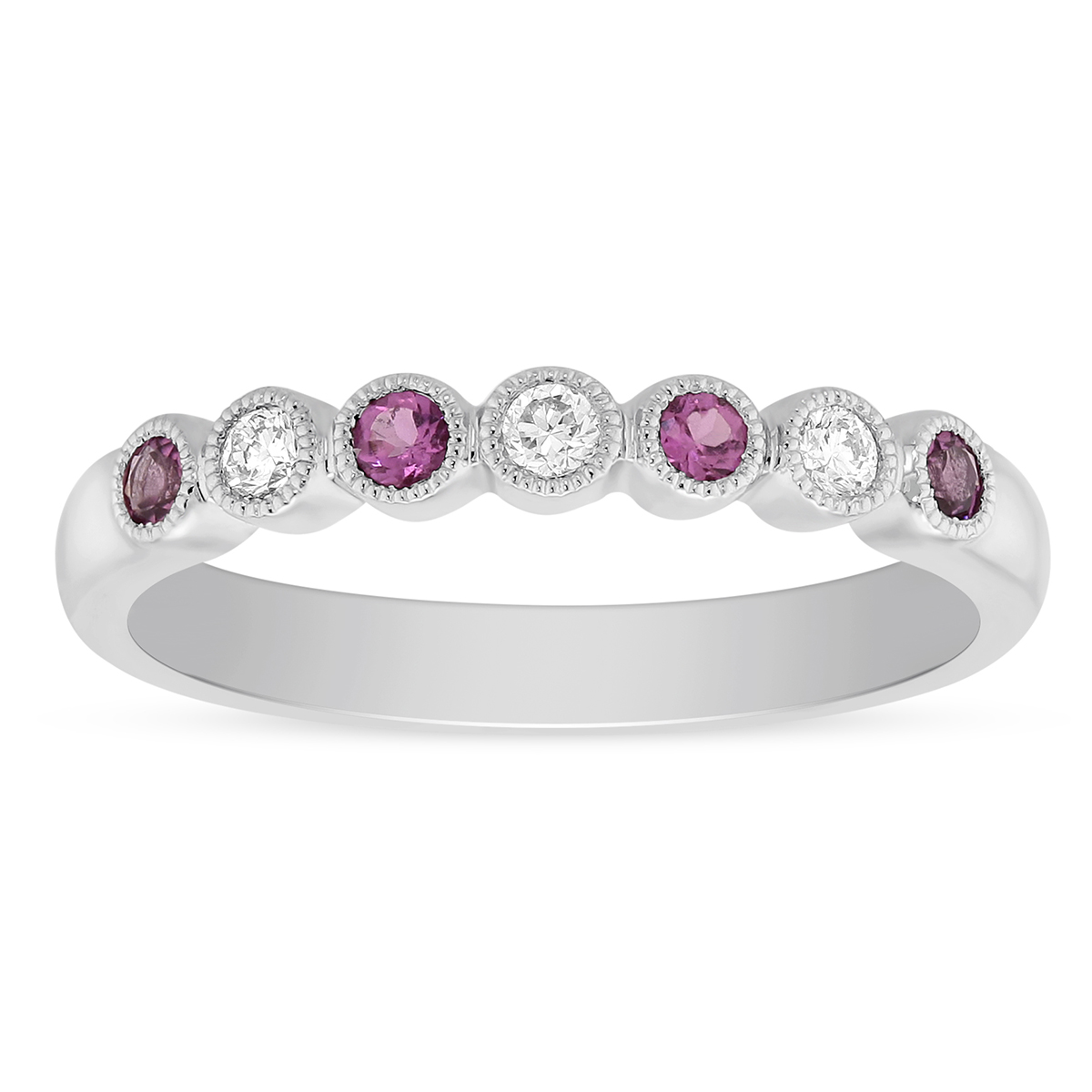 Round Tourmaline & Diamond Bezel Set Milgrain Ring in White Gold