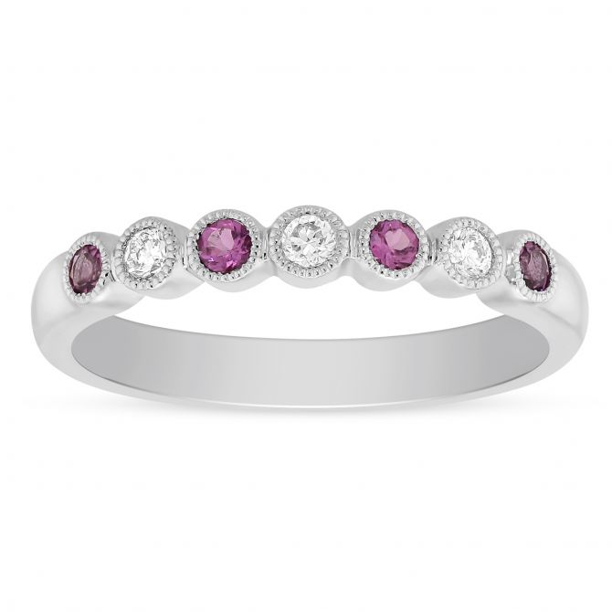 Round Tourmaline & Diamond Bezel Set Milgrain Ring in White Gold