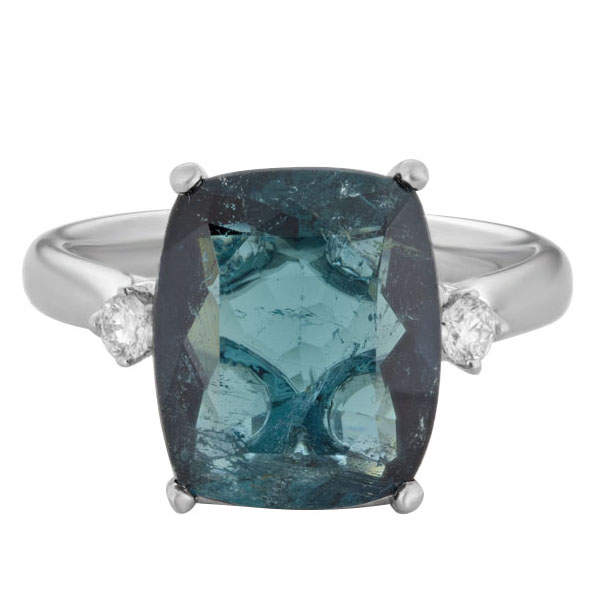 Cushion Blue Green Tourmaline Ring with Diamond Side Stones in White Gold