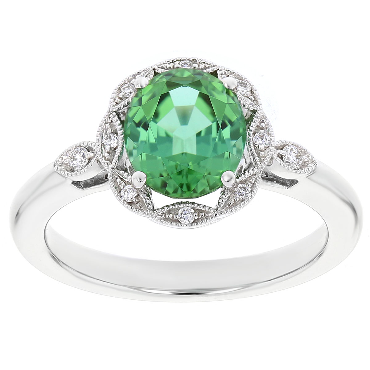 18K White Gold Oval Green Tourmaline Ring with Diamond Milgrain Navette Halo