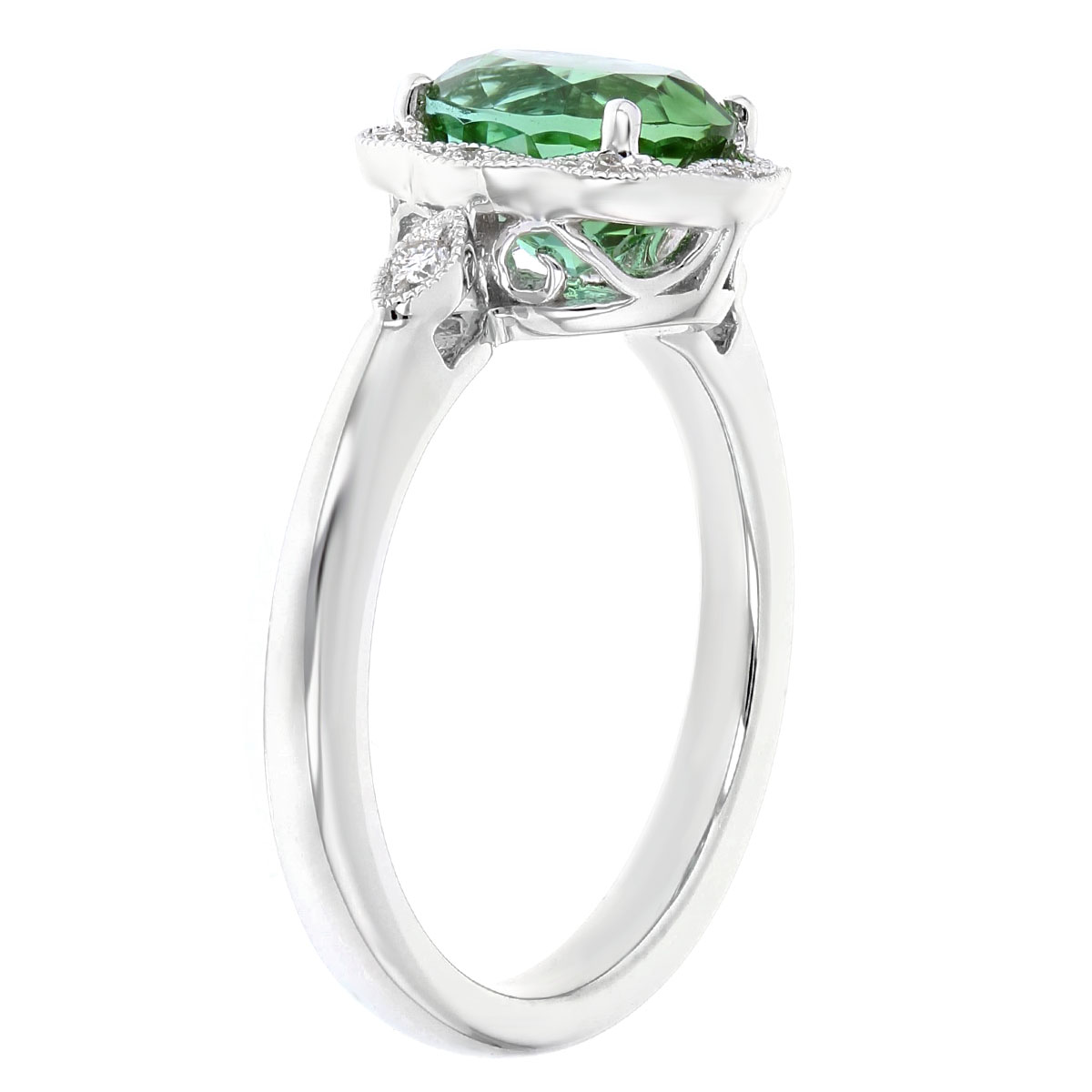 18K White Gold Oval Green Tourmaline Ring with Diamond Milgrain Navette Halo