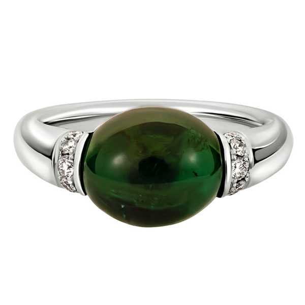 Oval Green Tourmaline Cabochon Ring in White Gold with Diamond Rondelles