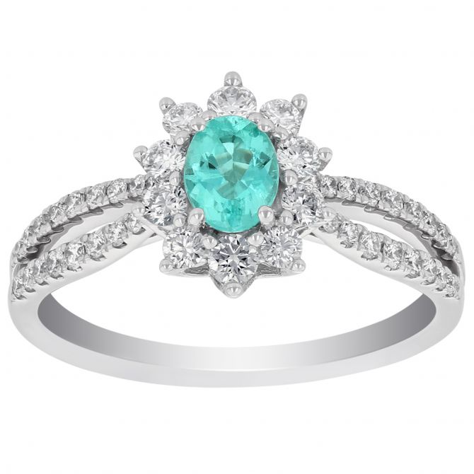 Oval Paraiba Tourmaline Ring with Diamond Flower Halo & Split Shank in White Gold