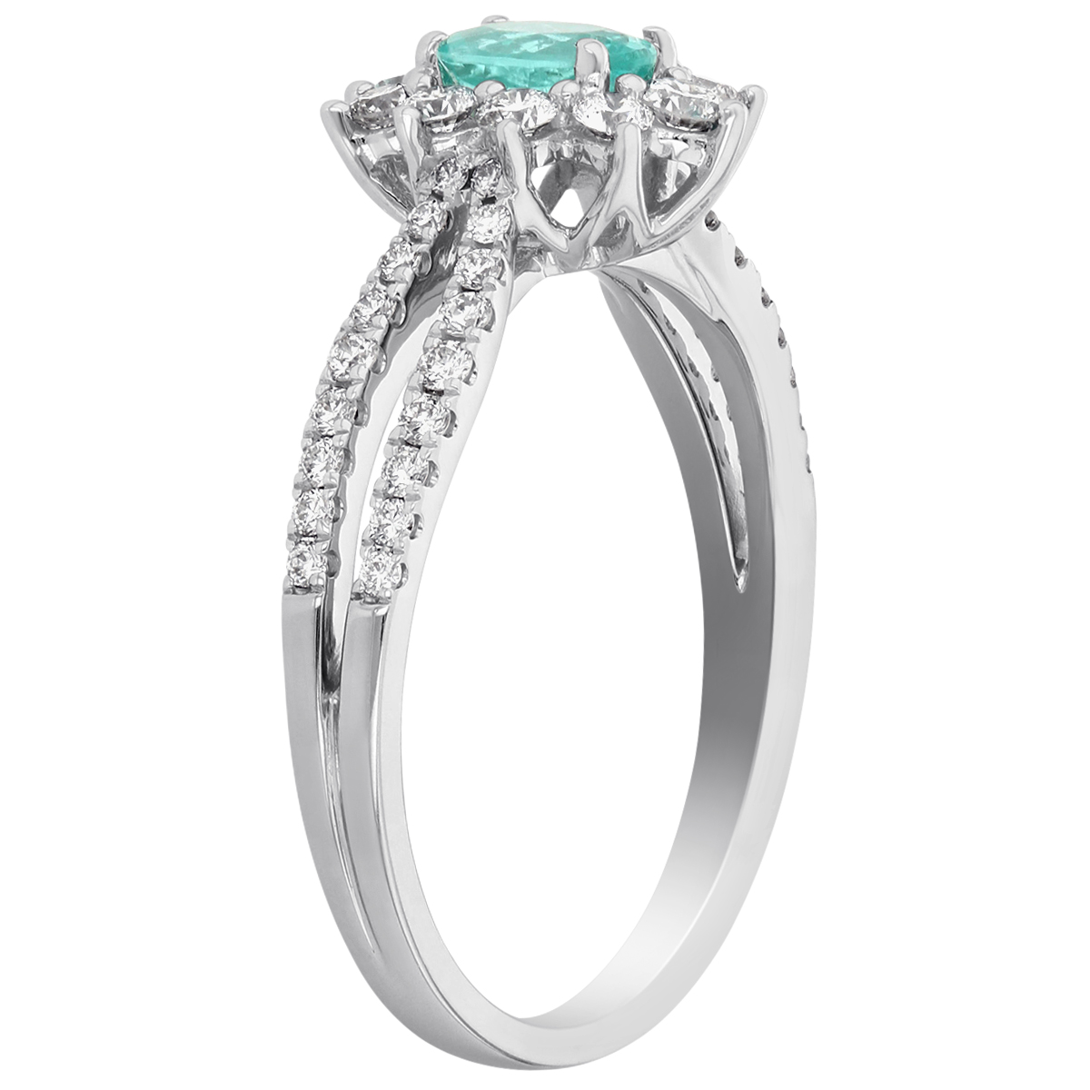 Oval Paraiba Tourmaline Ring with Diamond Flower Halo & Split Shank in White Gold