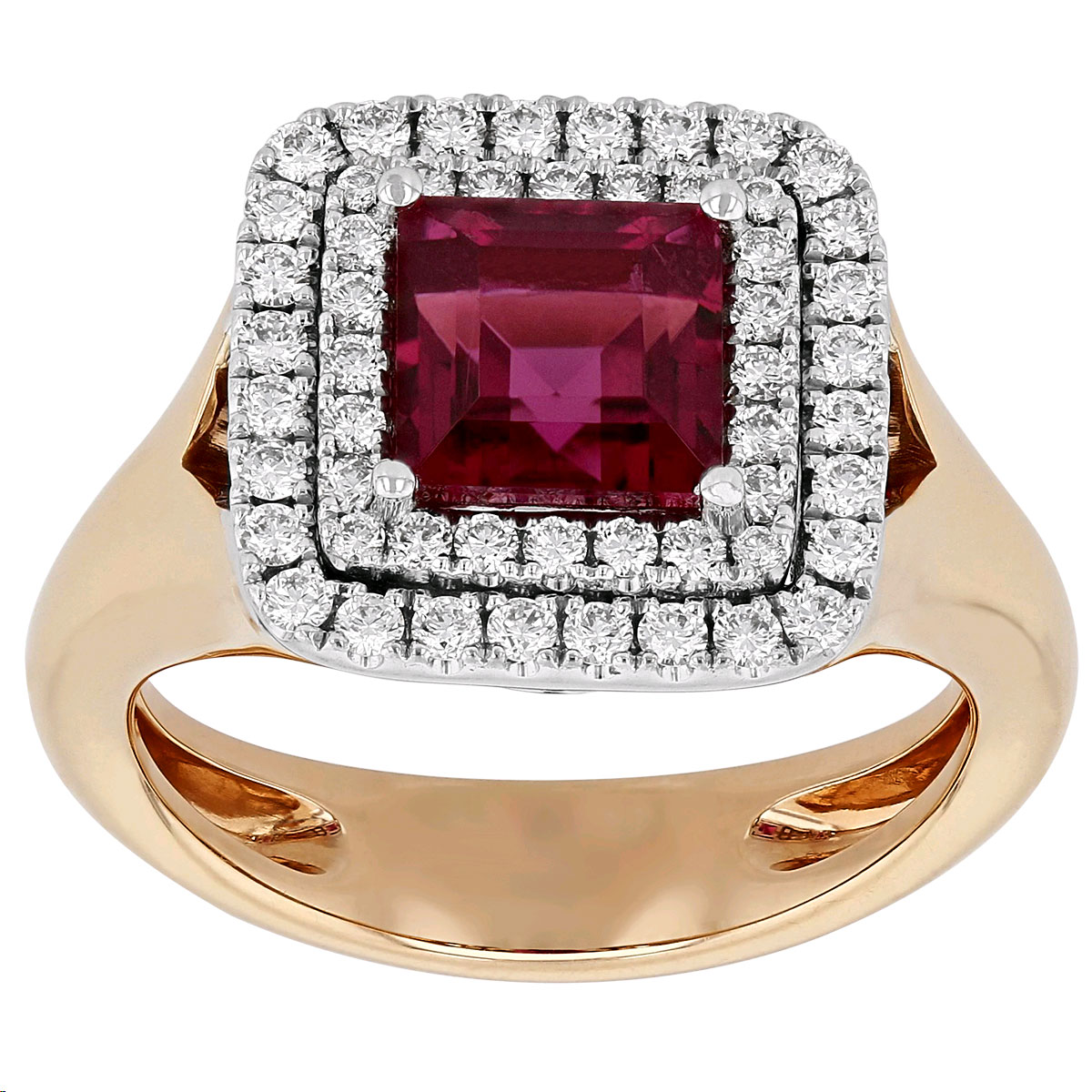 Princess Rubellite Tourmaline & Diamond Double Frame Ring in Rose & White Gold