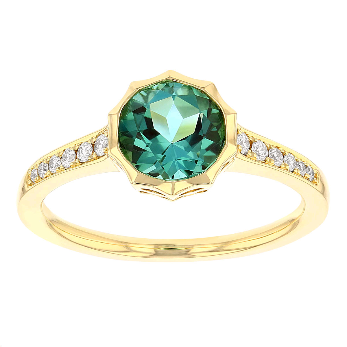 Round Green Tourmaline Pointed Bezel Ring with Diamond Shank in Yellow Gold