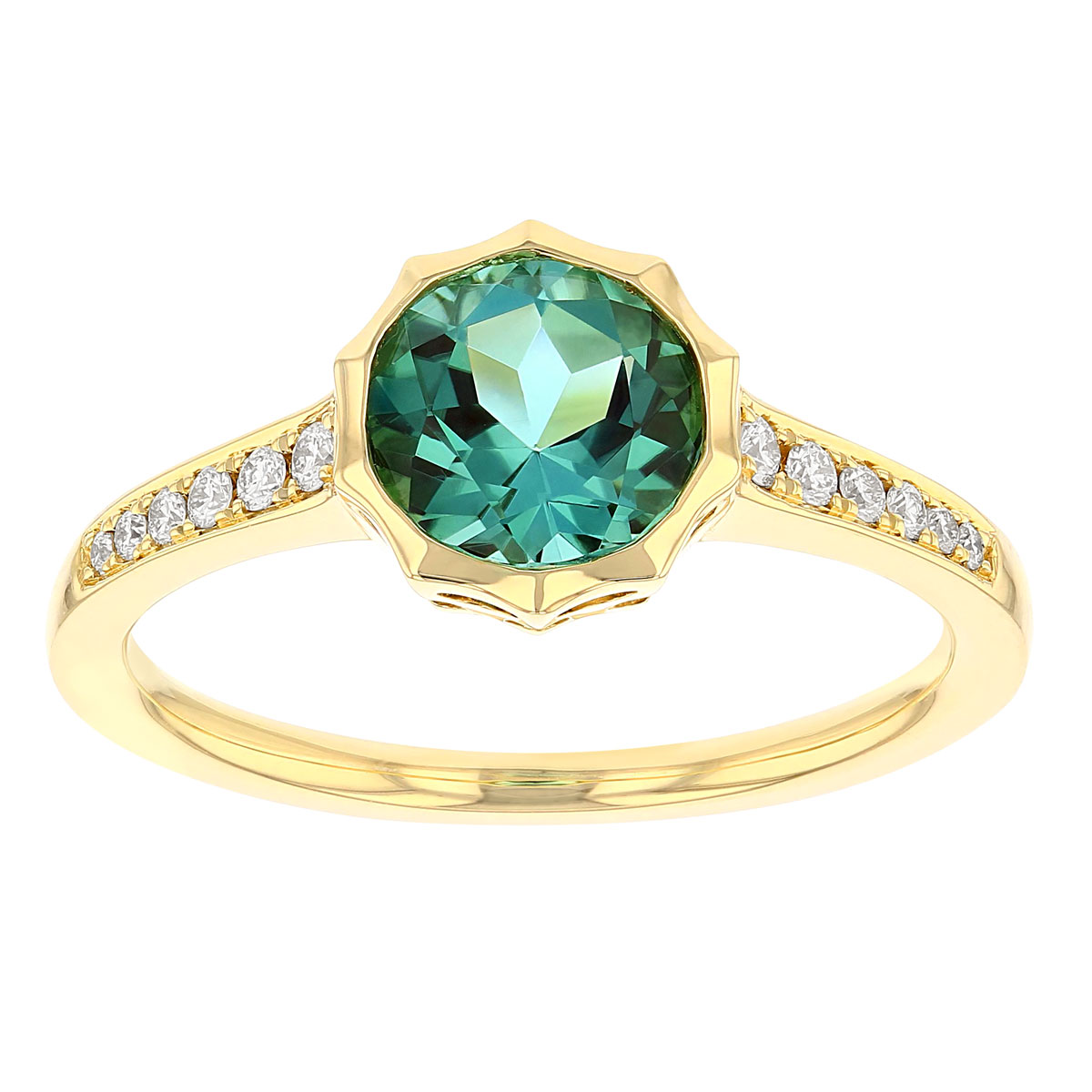 Round Green Tourmaline Pointed Bezel Ring with Diamond Shank in Yellow Gold
