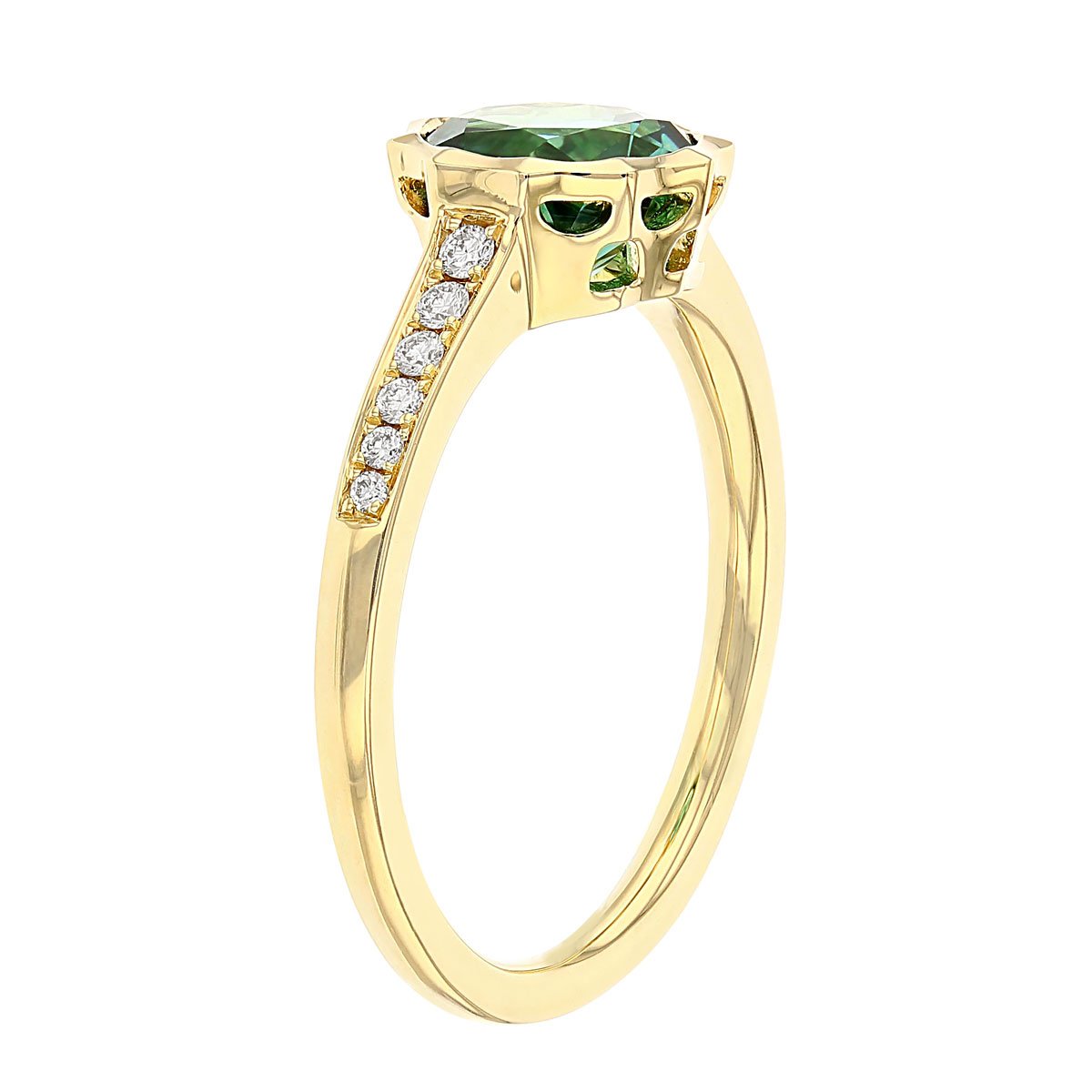 Round Green Tourmaline Pointed Bezel Ring with Diamond Shank in Yellow Gold