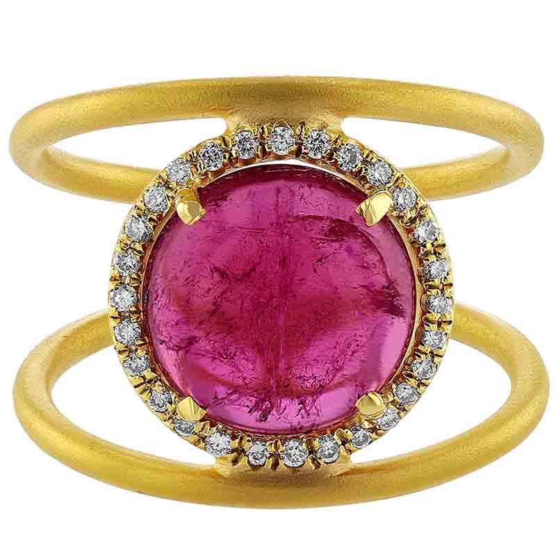 Marika Round Tourmaline Cabochon & Diamond Halo Open Shank Ring in Yellow Gold