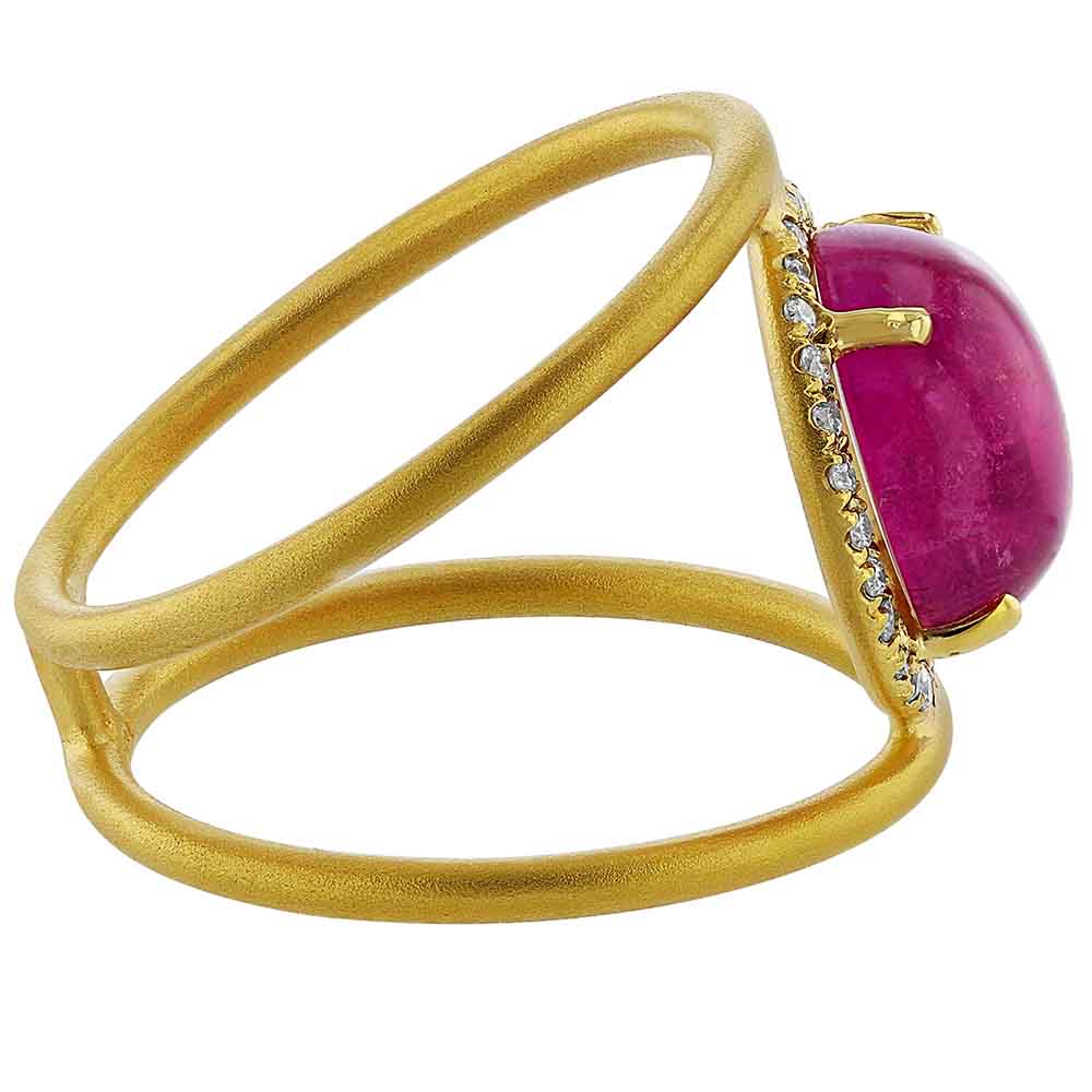 Marika Round Tourmaline Cabochon & Diamond Halo Open Shank Ring in Yellow Gold