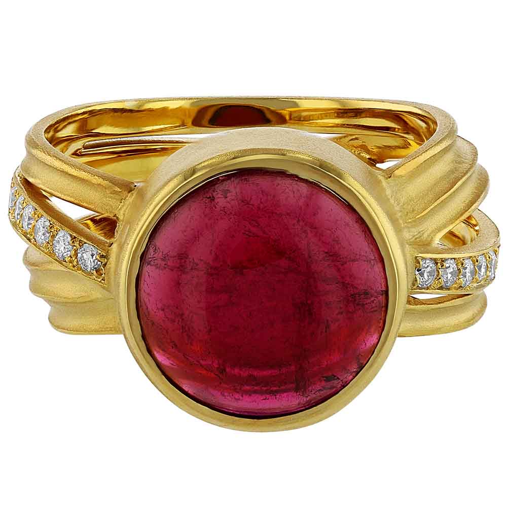 Marika Round Tourmaline Cabochon & Diamond Ring in Yellow Gold with Multi Row Crossover Shank