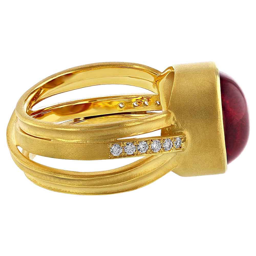 Marika Round Tourmaline Cabochon & Diamond Ring in Yellow Gold with Multi Row Crossover Shank