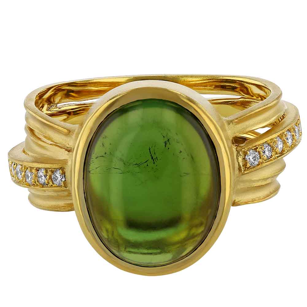 Marika Oval Green Tourmaline Cabochon & Diamond Ring in Yellow Gold with Multi Row Crossover Shank