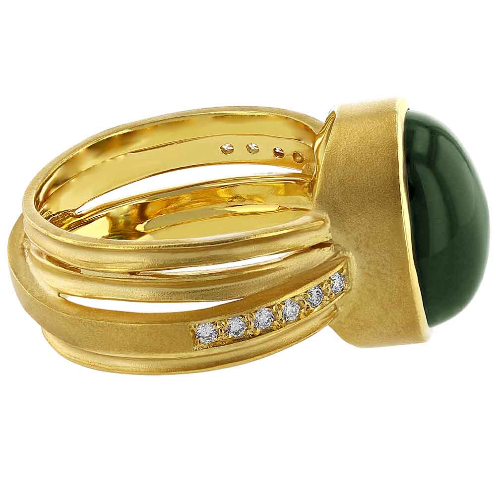 Marika Oval Green Tourmaline Cabochon & Diamond Ring in Yellow Gold with Multi Row Crossover Shank