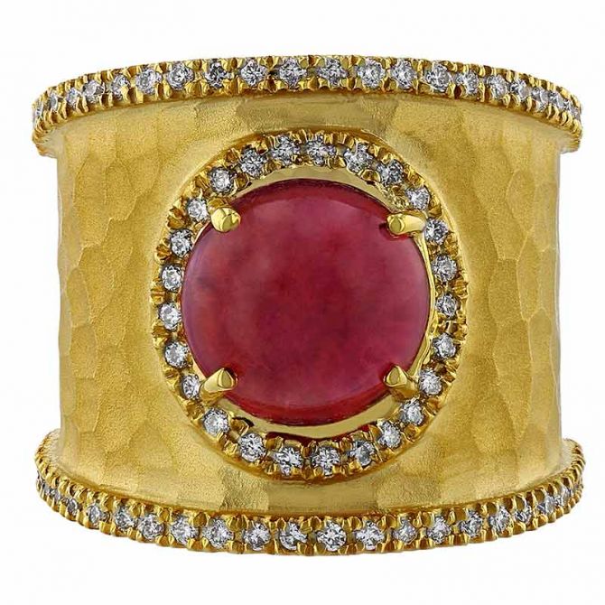 Marika Oval Tourmaline Cabochon & Diamond Ring in Hammered Yellow Gold