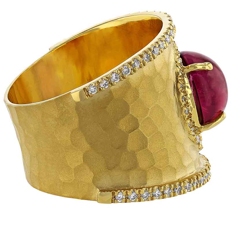 Marika Oval Tourmaline Cabochon & Diamond Ring in Hammered Yellow Gold