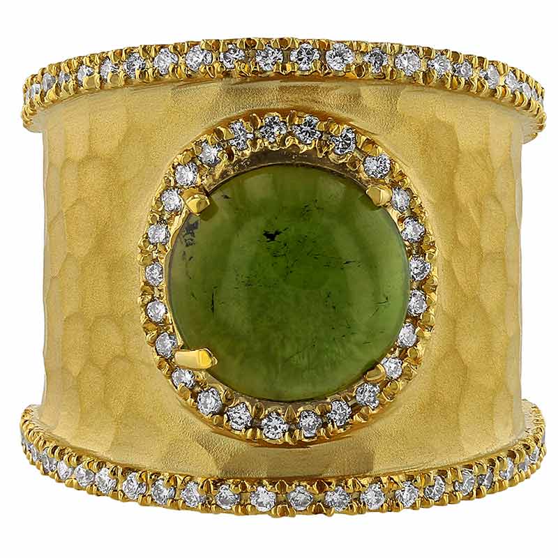 Marika Oval Green Tourmaline Cabochon & Diamond Ring in Hammered Yellow Gold