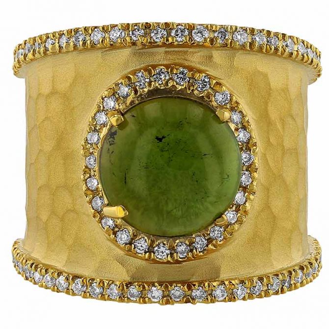 Marika Oval Green Tourmaline Cabochon & Diamond Ring in Hammered Yellow Gold