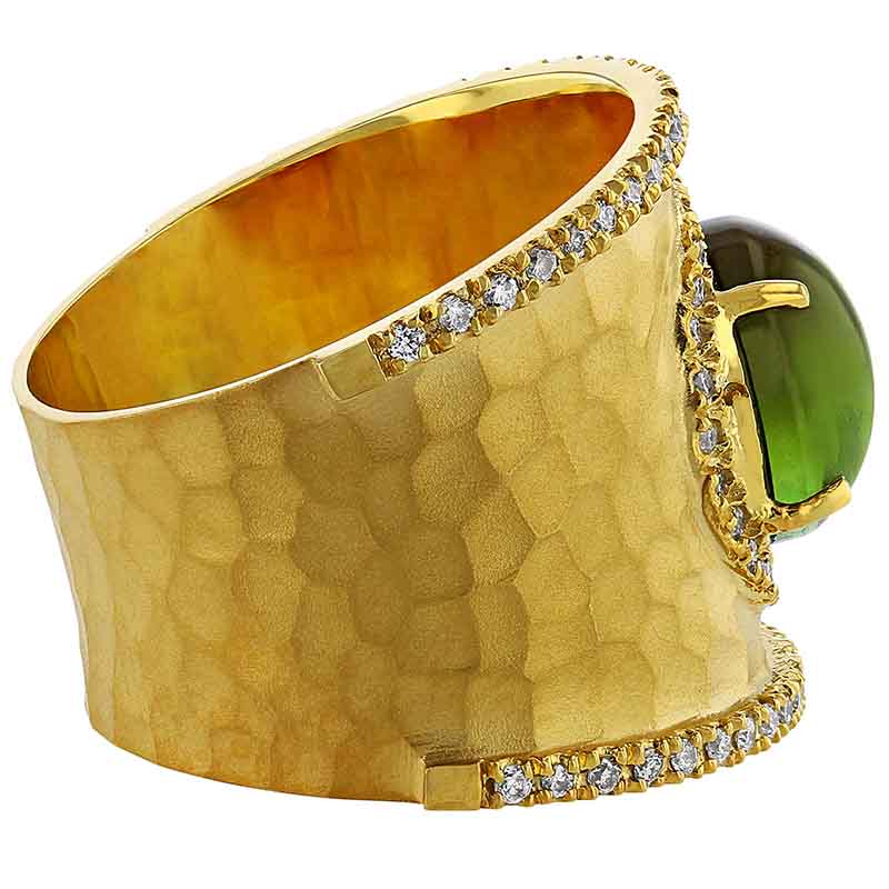 Marika Oval Green Tourmaline Cabochon & Diamond Ring in Hammered Yellow Gold