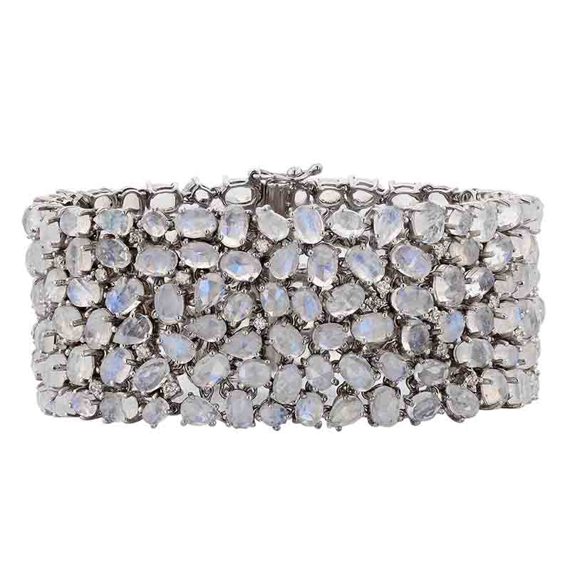 Rose Cut Moonstone & Diamond Prong Set Bracelet in Sterling Silver