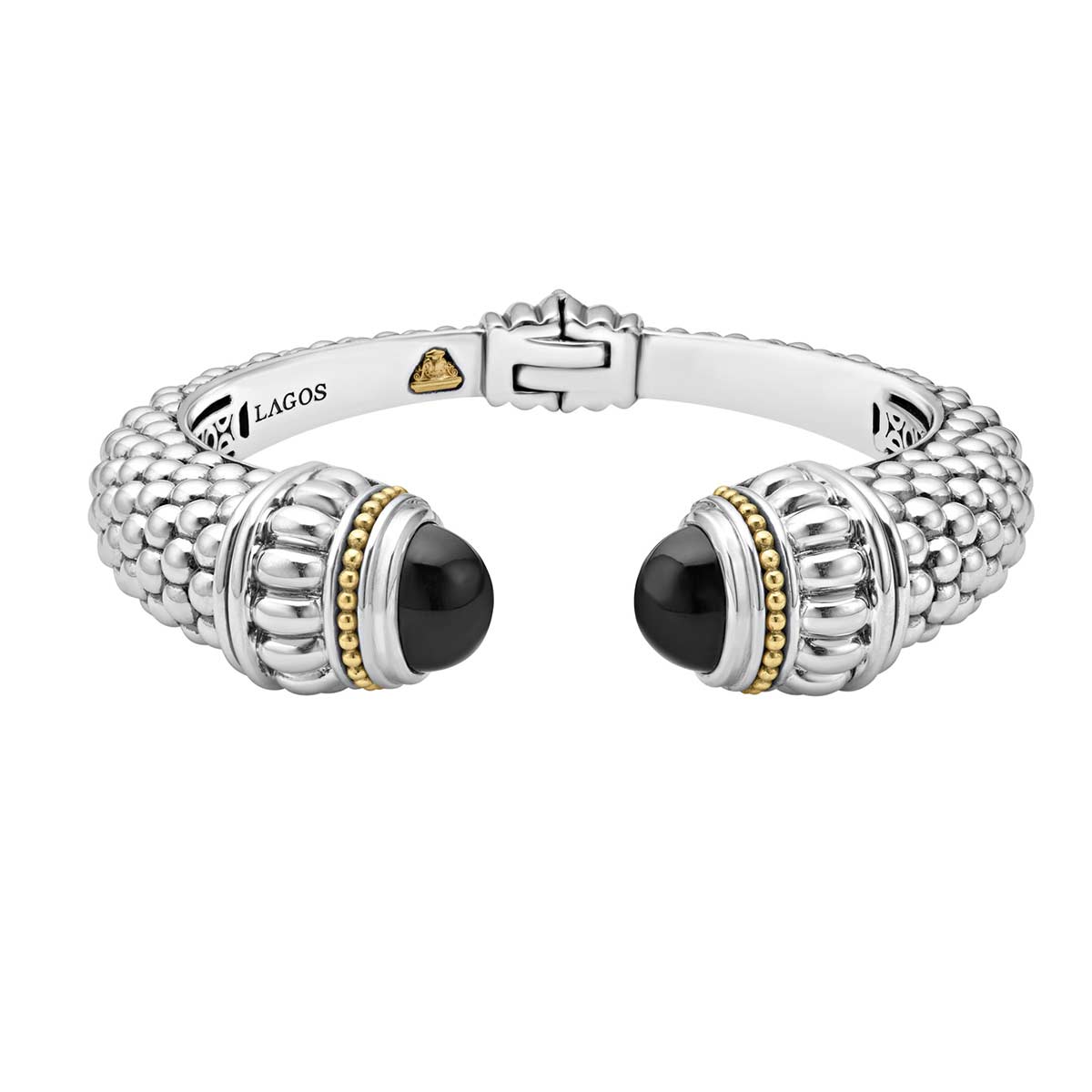 LAGOS Sterling Silver & 18K Yellow Gold Caviar Color Black Onyx Hinge Cuff Bracelet
