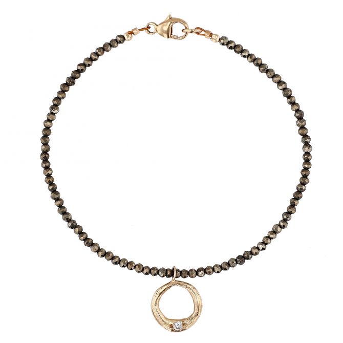 Robin Haley Diamond Circle Charm Bracelet in Yellow Gold with Hematite Bead Chain, 7"