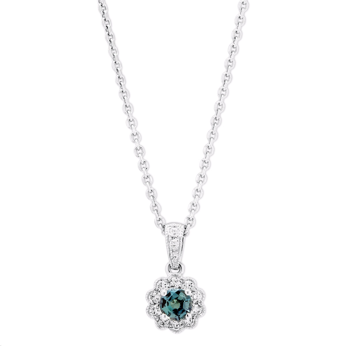 Alexandrite & Diamond Milgrain Scalloped Halo Pendant in White Gold, 18" | Borsheims
