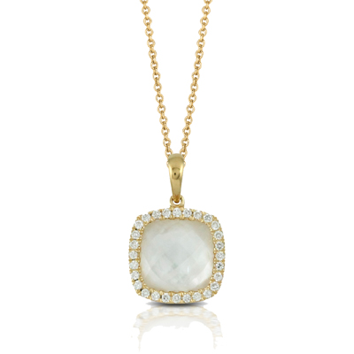 Doves 18K Yellow Gold Cushion Clear Quartz, White Mother of Pearl & Diamond Halo Pendant, 18"