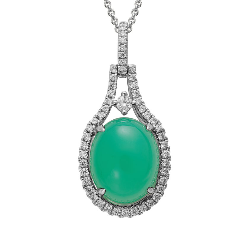 Oval Chrysoprase Cabochon Pendant with Open Diamond Halo in White Gold ...