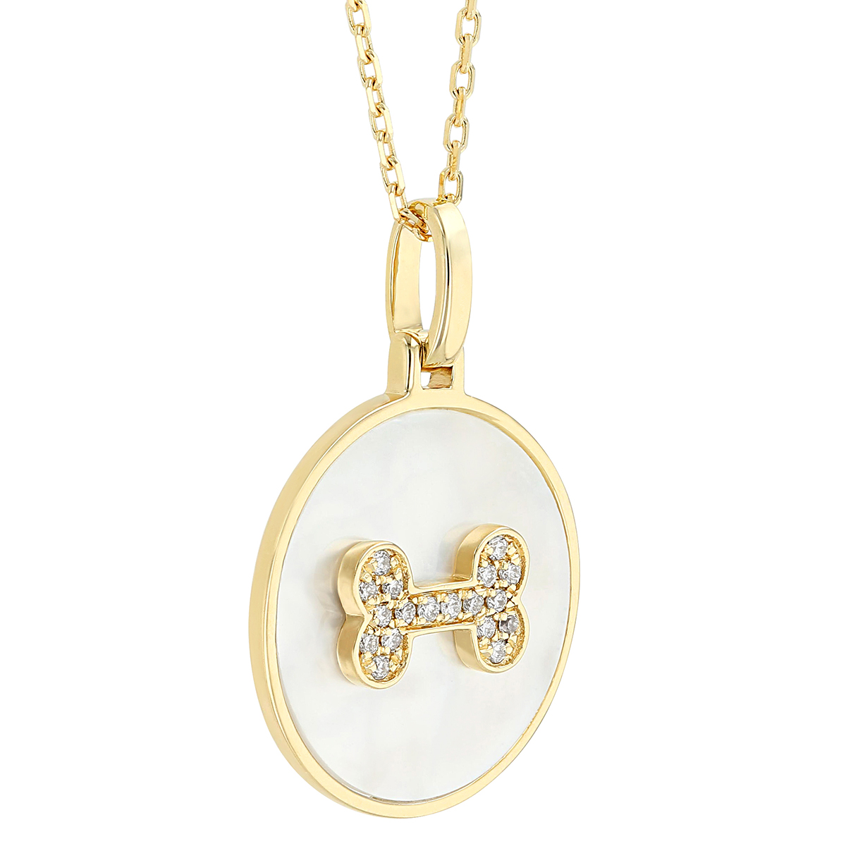 Frederic Sage White Mother of Pearl & Diamond Dog Bone Pendant in Yellow Gold