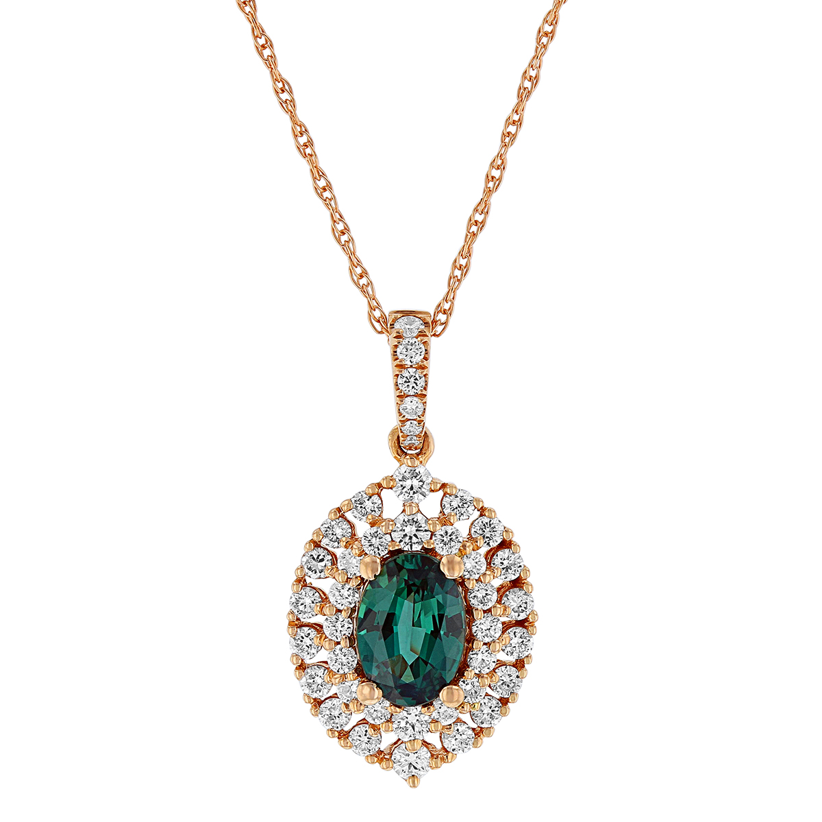 Oval Alexandrite & Diamond Double Halo Pendant in Rose Gold
