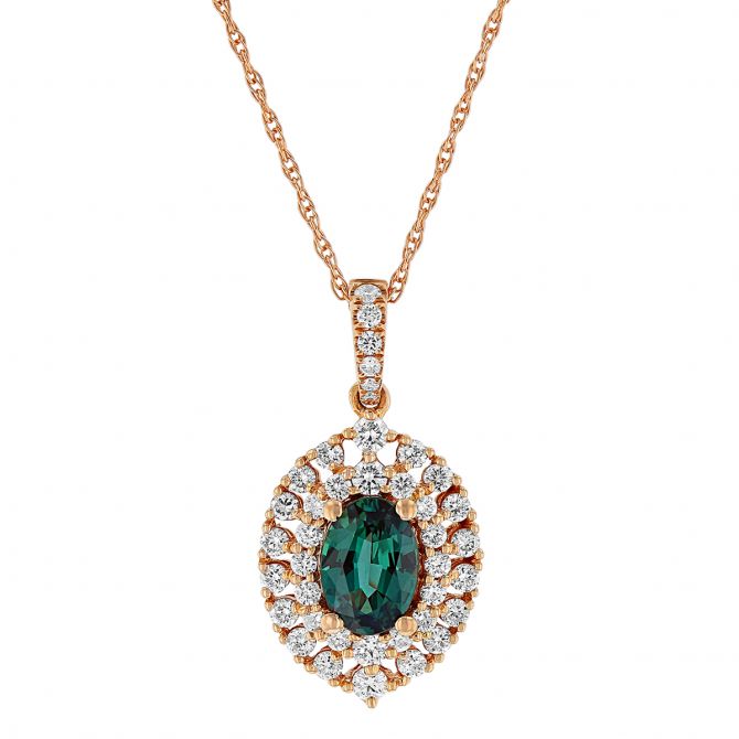 Oval Alexandrite & Diamond Double Halo Pendant in Rose Gold