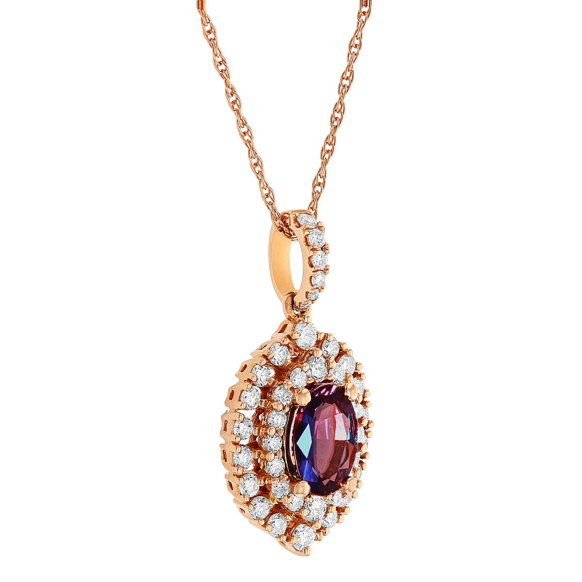 Oval Alexandrite & Diamond Double Halo Pendant in Rose Gold