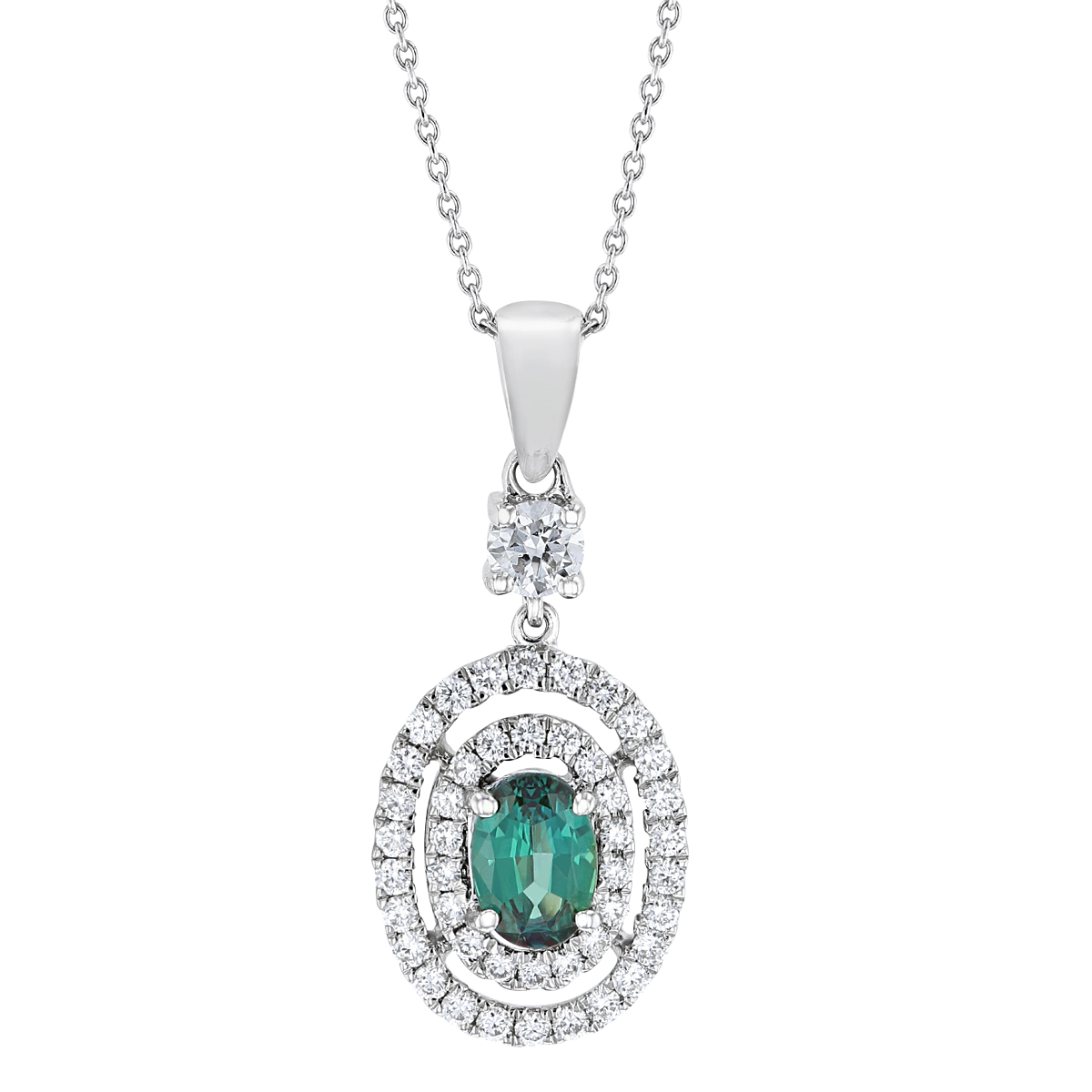 Oval Alexandrite Pendant with Double Diamond Halo in White Gold