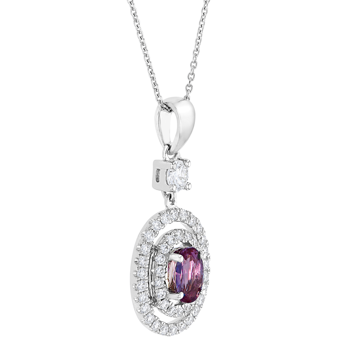 Oval Alexandrite Pendant with Double Diamond Halo in White Gold