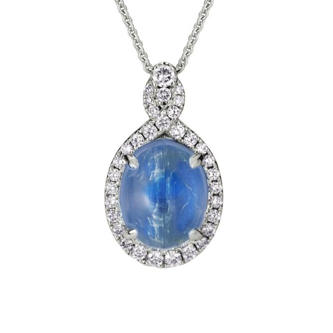 Oval Moonstone Cabochon & Diamond Halo Pendant in White Gold, 18"