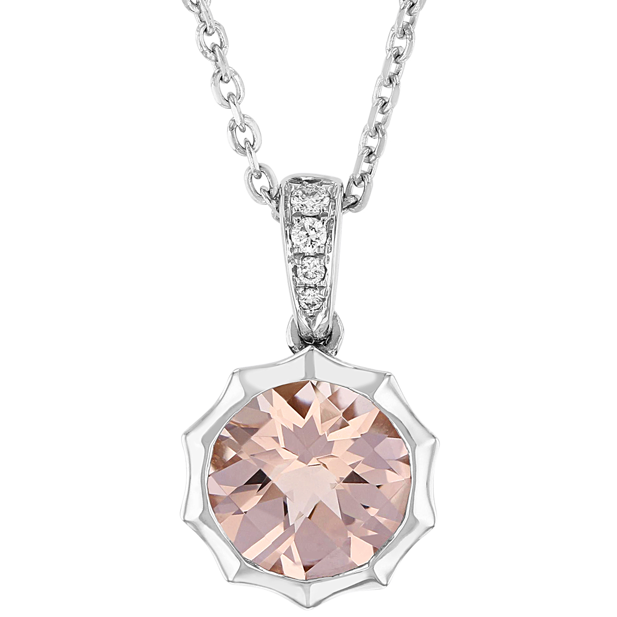 Round Checkerboard Morganite Pointed Bezel Pendant with Diamond Bail in White Gold, 18
