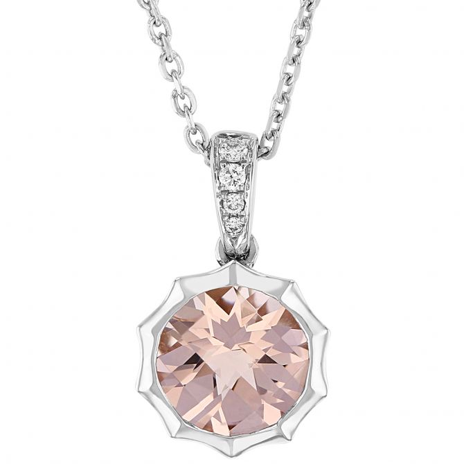 Round Checkerboard Morganite Pointed Bezel Pendant with Diamond Bail in White Gold, 18"