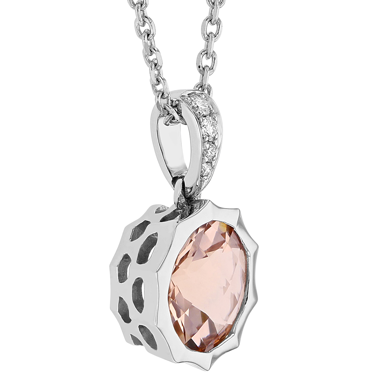 Round Checkerboard Morganite Pointed Bezel Pendant with Diamond Bail in White Gold, 18