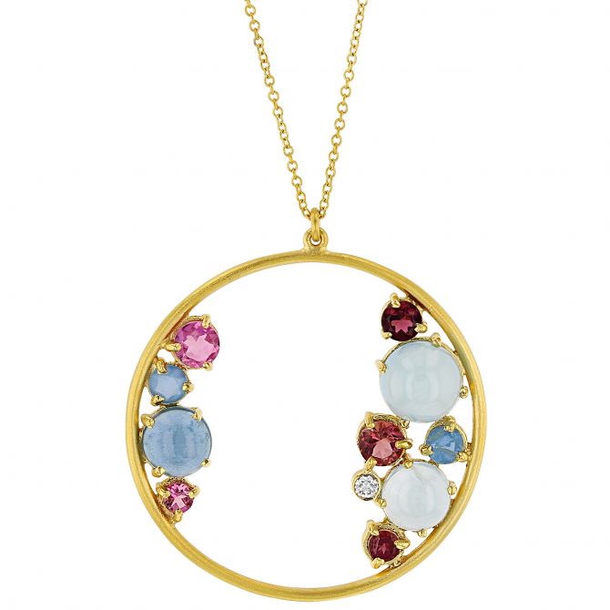 Marika Multi Stone & Diamond Cluster Circle Pendant in Yellow Gold, 18"