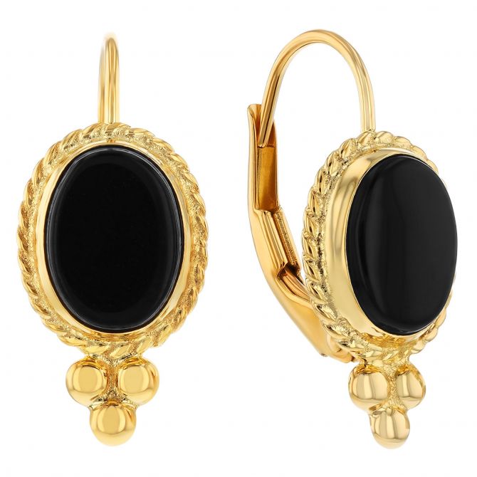 Bezel Set Oval Cabochon Black Onyx Chalcedony Drop Earrings in Yellow Gold