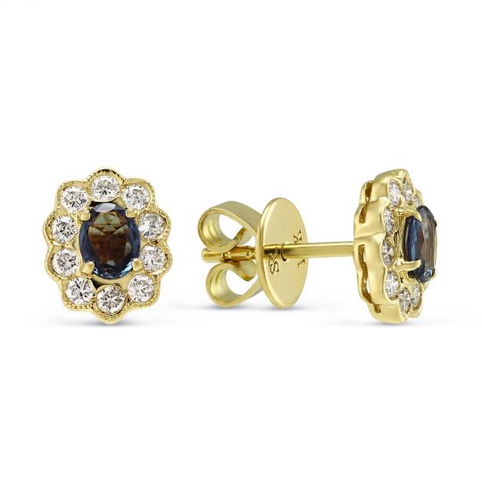 18k Yellow Gold Oval Alexandrite Diamond Scalloped Halo Stud 18k Yellow Gold Oval Alexandrite Diamond Scalloped Halo Stud Earrings