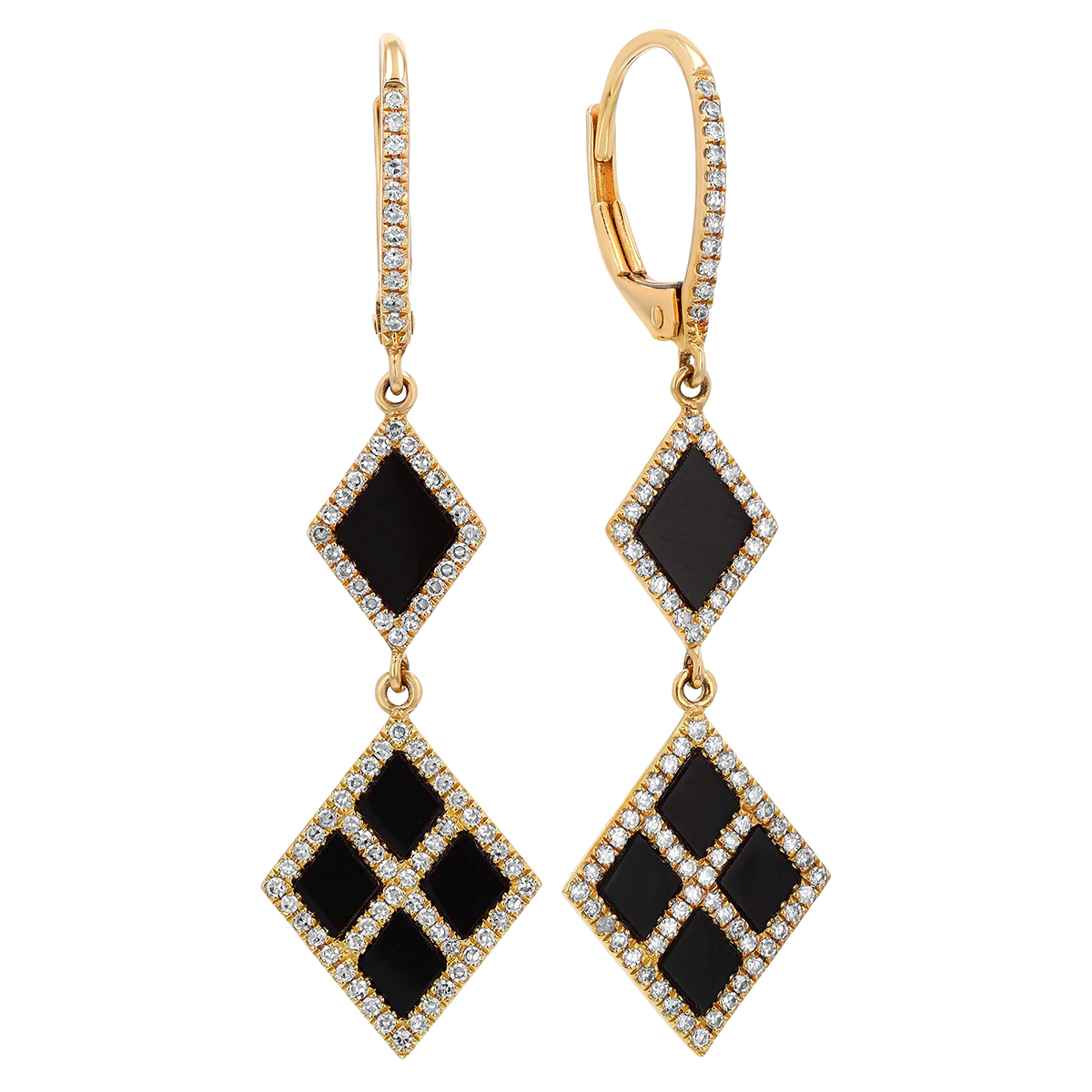Doves Black Onyx Chalcedony & Diamond Double Geometric Dangle Hoop Earrings in Yellow Gold