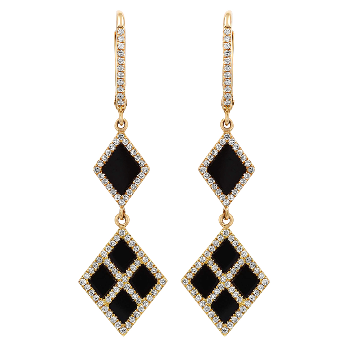 Doves Black Onyx Chalcedony & Diamond Double Geometric Dangle Hoop Earrings in Yellow Gold